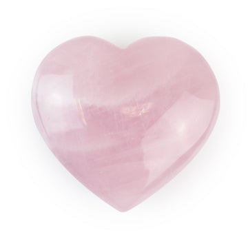 Medium Rose Quartz Heart, polished pink crystal on white background.